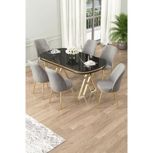 Dining Table & Chairs Set (7 Pieces) Lai - Black Marble, Gold, Grey vyobraziť