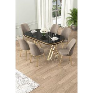 Dining Table & Chairs Set (7 Pieces) Lai - Black Marble, Gold, Cappuccino vyobraziť