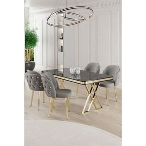Dining Table & Chairs Set (5 Pieces) Rigel - Black Marble, Gold, Grey vyobraziť