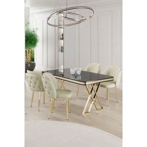Dining Table & Chairs Set (5 Pieces) Rigel - Black Marble, Gold, Cream vyobraziť
