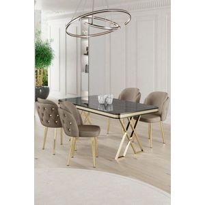 Dining Table & Chairs Set (5 Pieces) Rigel - Black Marble, Gold, Cappuccino vyobraziť