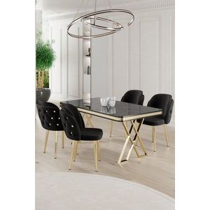 Dining Table & Chairs Set (5 Pieces) Rigel - Black Marble, Gold, Black vyobraziť