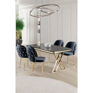 Dining Table & Chairs Set (5 Pieces) Rigel - Black Marble, Gold, Anthracite vyobraziť