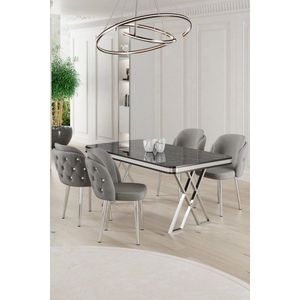 Dining Table & Chairs Set (5 Pieces) Rigel - Black Marble, Chrome, Grey vyobraziť