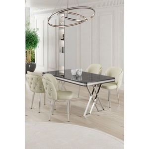 Dining Table & Chairs Set (5 Pieces) Rigel - Black Marble, Chrome, Cream vyobraziť