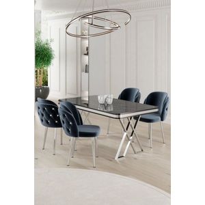 Dining Table & Chairs Set (5 Pieces) Rigel - Black Marble, Chrome, Anthracite vyobraziť
