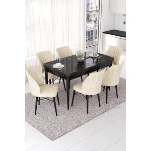 Extendable Dining Table & Chairs Set (7 Pieces) Nef - Black Marble, Cream vyobraziť
