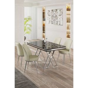 Dining Table & Chairs Set (5 Pieces) Vals - Black Marble, Chrome, Cream vyobraziť