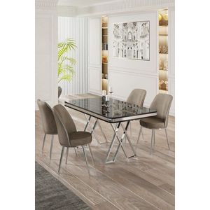 Dining Table & Chairs Set (5 Pieces) Vals - Black Marble, Chrome, Cappuccino vyobraziť