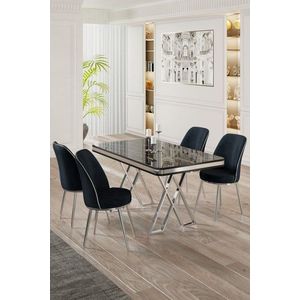 Dining Table & Chairs Set (5 Pieces) Vals - Black Marble, Chrome, Anthracite vyobraziť