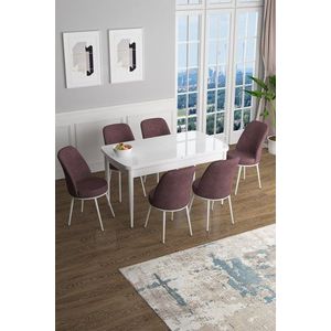 Extendable Dining Table & Chairs Set (7 Pieces) Han - White, Dusty Rose vyobraziť