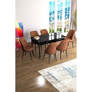 Extendable Dining Table & Chairs Set (7 Pieces) Han - Black Marble, Tile Red vyobraziť
