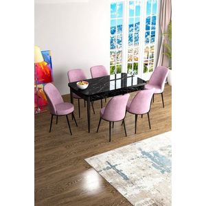 Extendable Dining Table & Chairs Set (7 Pieces) Han - Black Marble, Pink vyobraziť