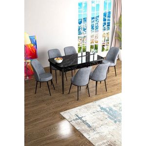 Extendable Dining Table & Chairs Set (7 Pieces) Han - Black Marble, Grey vyobraziť