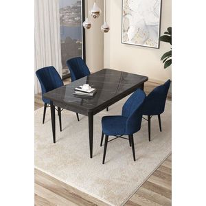 Dining Table & Chairs Set (5 Pieces) Arp - Black Marble, Navy Blue vyobraziť