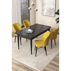 Dining Table & Chairs Set (5 Pieces) Arp - Black Marble, Mustard vyobraziť