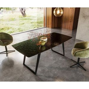 Jedálenský stôl Edge zaoblený tvar 200x100 reliéfne sklo dymovo čierna vyobraziť