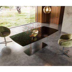 Jedálenský stôl Edge zaoblený tvar 200x100 reliéfne sklo dymovo čierna vyobraziť