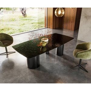 Jedálenský stôl Edge zaoblený tvar 200x100 reliéfne sklo dymovo čierna vyobraziť