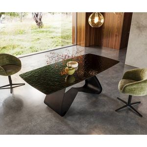 Jedálenský stôl Edge zaoblený tvar 200x100 reliéfne sklo dymovo čierna vyobraziť