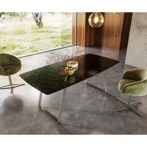 Jedálenský stôl Edge zaoblený tvar 200x100 reliéfne sklo dymovo čierna vyobraziť