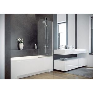 BESCO - Vaňová zástena AMBITION 1 - FARBA rámu - Chróm / Leštený hliník (ALU), Rozmer A - 75 cm, Smer zatvárania - Univerzálne Ľavé / Pravé, Výplň - Číre bezpečnostné sklo s bielymi pruhmi - 5 mm BCAMB1CBP vyobraziť