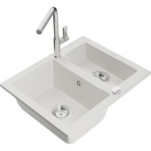 MEXEN/S MEXEN/S - Carlos granitový drez 1.5 vrátane batérie Flora, biela 6518-20-670401-00 vyobraziť