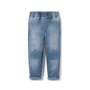 Detské navliekacie džínsové nohavice, s výšivkou domčeka vyobraziť
