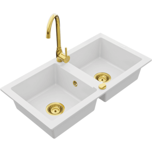 Dvoukomorový granitový dřez MEXEN MARIO s kuchyňskou baterií bílý/zlatý vyobraziť