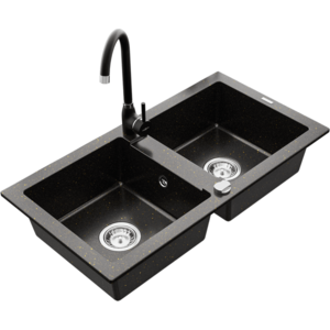 Dvoukomorový granitový dřez MEXEN MARIO s kuchyňskou baterií černý se zlatým vzorem vyobraziť