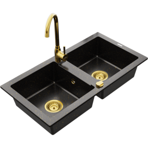 Dvoukomorový granitový dřez MEXEN MARIO s kuchyňskou baterií černý/zlatý vyobraziť
