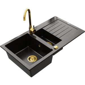 Granitový dřez MEXEN MATIAS s kuchyňskou baterií černý se vzorem/zlatý vyobraziť