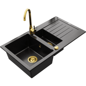 Granitový dřez MEXEN MATIAS s kuchyňskou baterií černý/zlatý vyobraziť