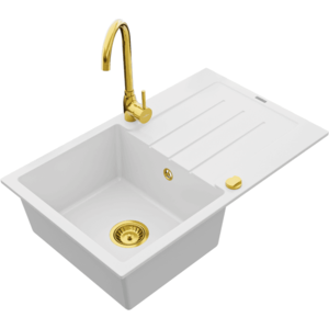 Granitový dřez s kuchyňskou baterií MEXEN BRUNO bílo-zlatý vyobraziť