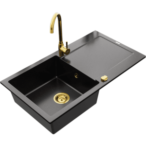 Granitový dřez s kuchyňskou baterií MEXEN LEO černý/zlatý vyobraziť