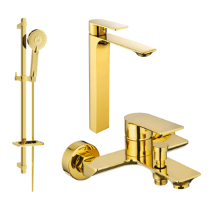 Sada baterií MEXEN ALEXA III - umyvadlová baterie + vanová baterie se sprchou zlatá vyobraziť