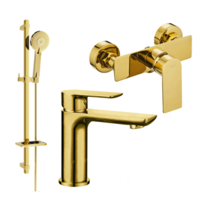 Sada baterií MEXEN ALFA XVI - umyvadlová baterie + sprchová baterie se sprchou zlatá vyobraziť