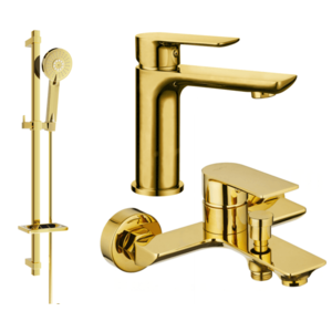 Sada baterií MEXEN ALFA XVII - umyvadlová baterie + vanová baterie se sprchou zlatá vyobraziť