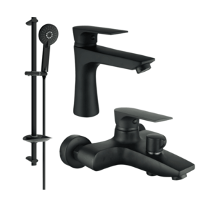 Sada batérií MEXEN AXEL umývadlová batéria + vaňová batéria so sprchou čierna vyobraziť