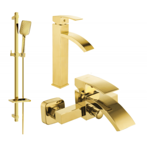 Sada baterií MEXEN LIBRA DQ62 - vysoká umyvadlová baterie + vanová baterie se sprchou zlatá vyobraziť
