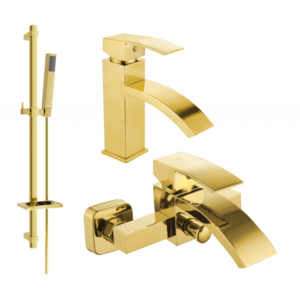 Sada baterií MEXEN LIBRA DQ77 - nízká umyvadlová baterie + vanová baterie se sprchou zlatá vyobraziť