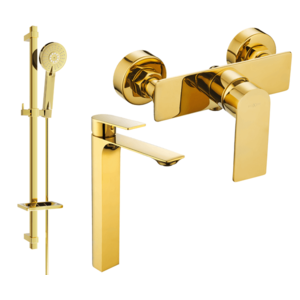 Súprava batérií MEXEN ALEXA - umývadlová batéria + sprchová batéria so sprchou zlatá vyobraziť