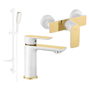 Súprava batérií MEXEN ALFA IV - umývadlová batéria + sprchová batéria so sprchou biela/zlatá vyobraziť