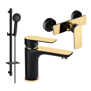 Súprava batérií MEXEN ALFA XVI - umývadlová batéria + sprchová batéria so sprchou čierna/zlatá vyobraziť