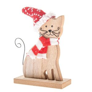 Drevená mačka s pletenou šatkou a čapicou, 14 cm vyobraziť