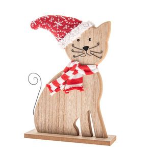 Drevená mačka s pletenou šatkou a čapicou, 29 cm vyobraziť