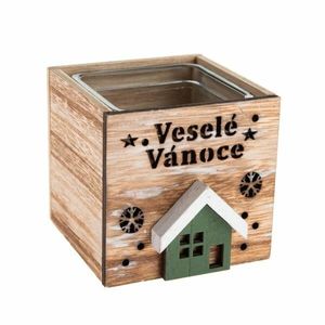 Drevený svietnik so sklom Veselé Vianoce, 9 x 8, 5cm, prírodný vyobraziť