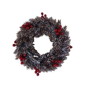 Plastový veniec srienistý šišky a červené bobule, d. 26 cm vyobraziť