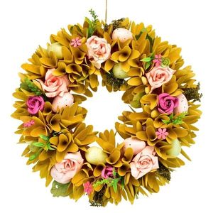 Jarný veniec z drevených hobliniek s kvetmi ružičiek, 30 cm vyobraziť