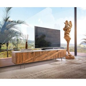 TV stolík Bahan 200 cm mango teak 4 dvierka mramor biely vyobraziť